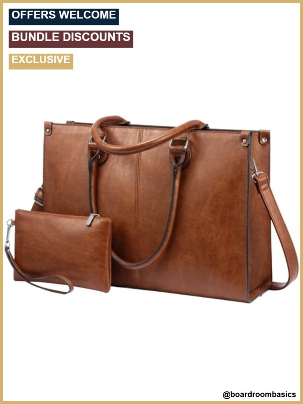 Vintage PU Leather Laptop Tote Bag with Matching Clutch, 15.6" Work Bag